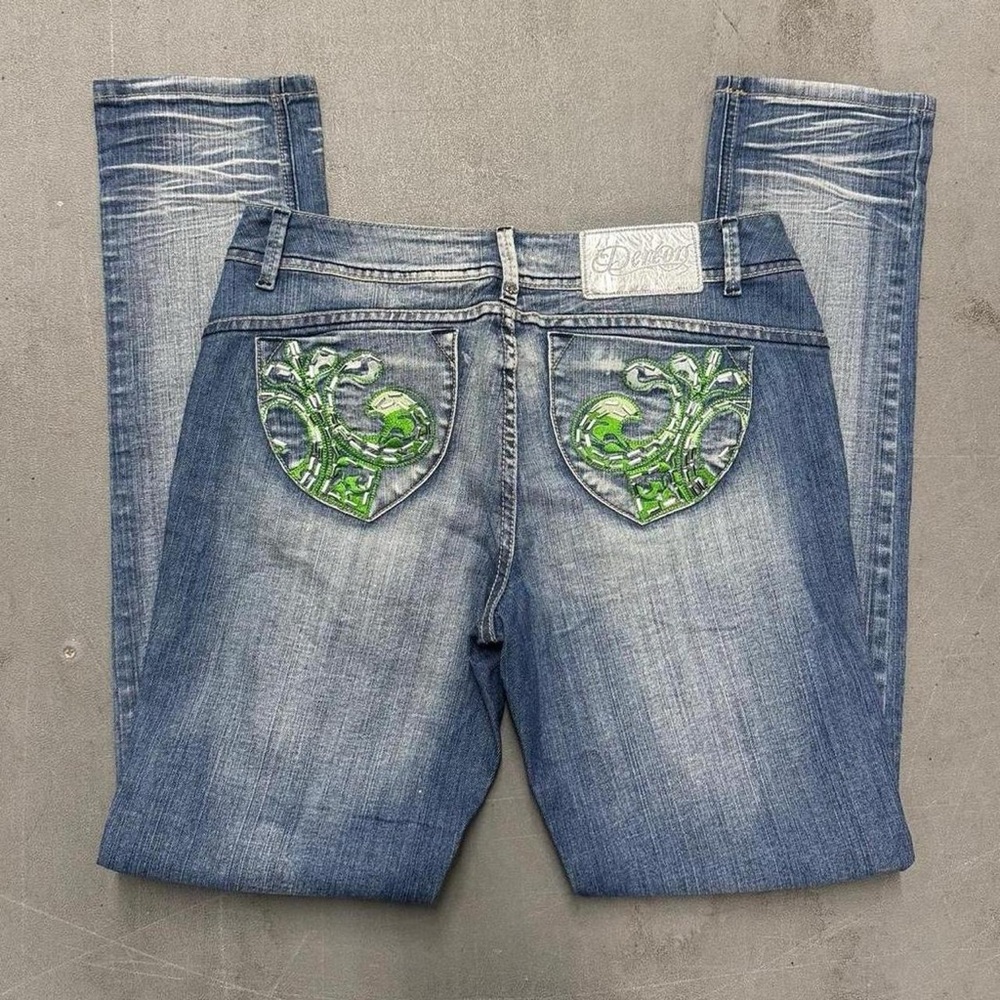 Dereon Women's Blue Jeans with Green Embroidery